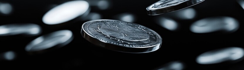 Silver coins falling against a black background, captured from a low angle in high-resolution photography. The image is insanely detailed,