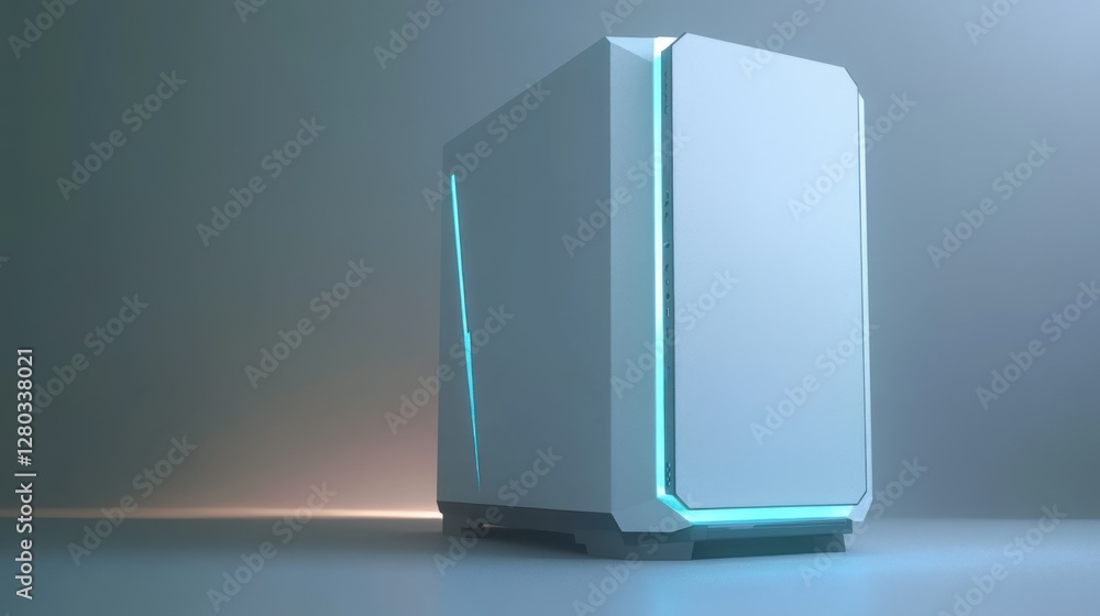 Poster sleek modern computer case with glowing accents, showcasing innovative design in a minimalist settin