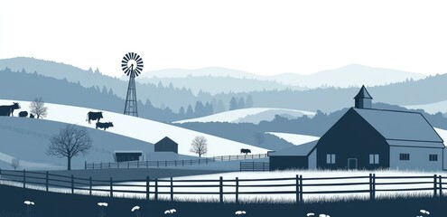 Simple vector graphics, minimalist style, clean lines, blue and gray colors, barns, cows, windmills, silhouettes of hills in the background, a fence around farm buildings