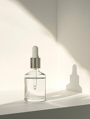 Naklejka premium An elegant glass dropper bottle of essential oil, set against a white background, showcases its premium clarity and contemporary design.