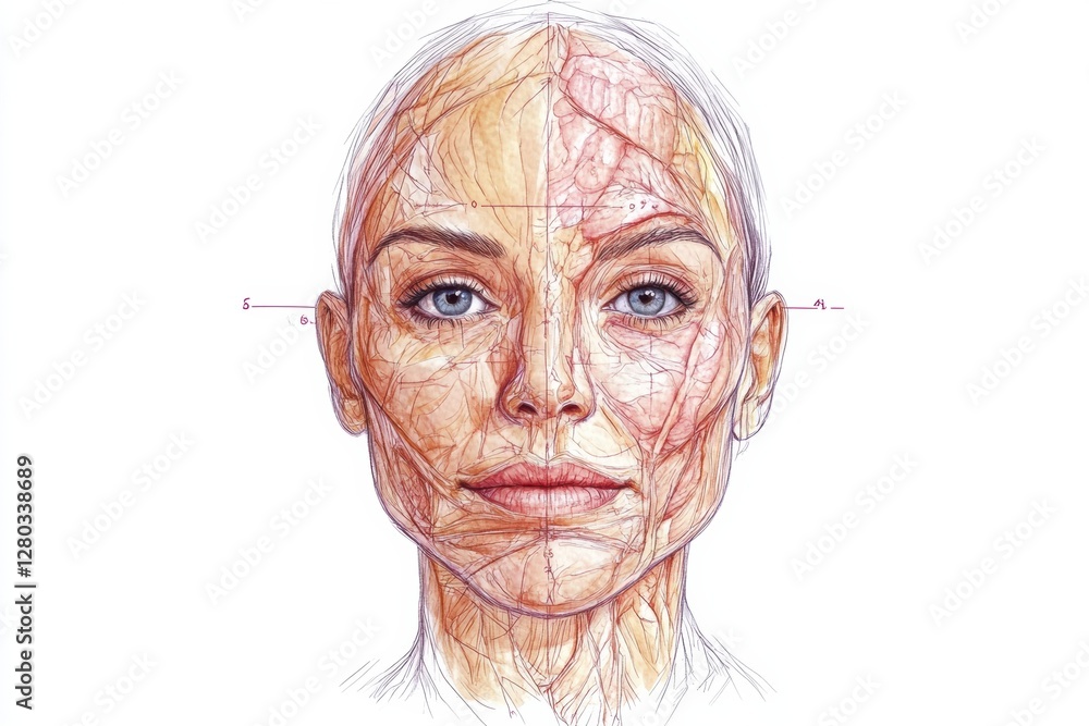 Poster detailed medical illustration showing precise botox injection points on a female face with highlight