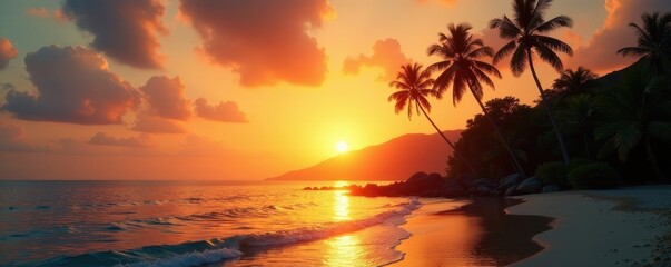 Golden sunset over calm ocean, tropical resort silhouette, evening sky, evening