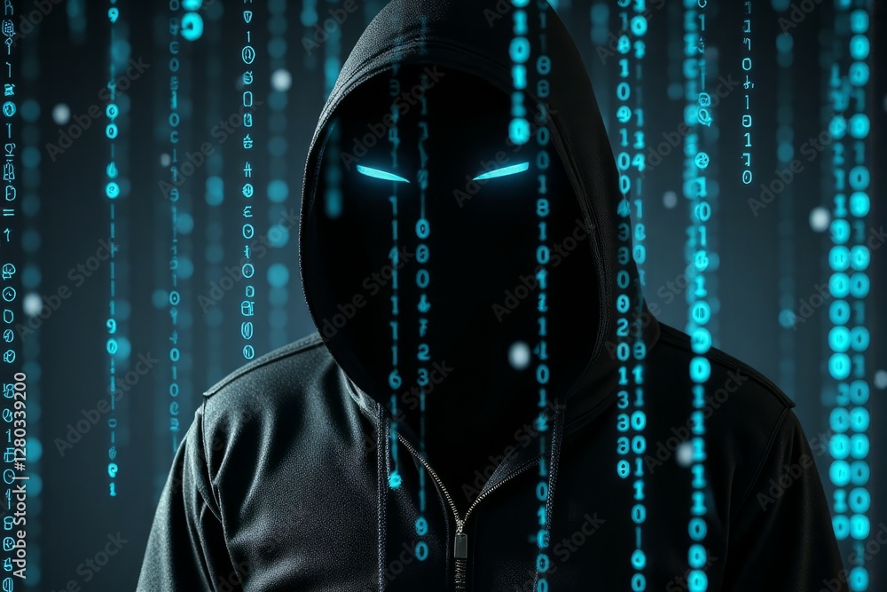 Poster a hooded figure with glowing eyes is depicted in a coding matrix