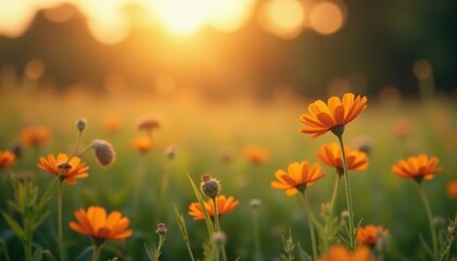 Obraz premium Soft focus meadow bathed in sunset, delicate wildflowers swaying gently , wildflowers, backdrop