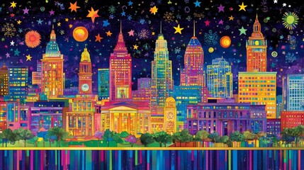 Vibrant cityscape at twilight with star studded sky and water reflections a colorful fantasy urban architecture backdrop