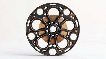 A vintage film reel with detailed sprockets beautifully emphasizes the mechanical artistry of classic cinematography, set against a white background for film enthusiasts.