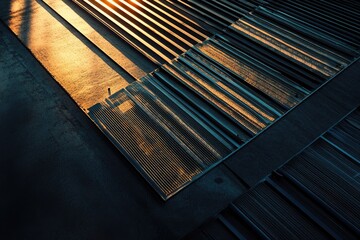 Solar panels on the roof of an industrial building at sunrise, with a clear blue sky and warm sunlight casting long shadows over rows of photovoltaic tiles.