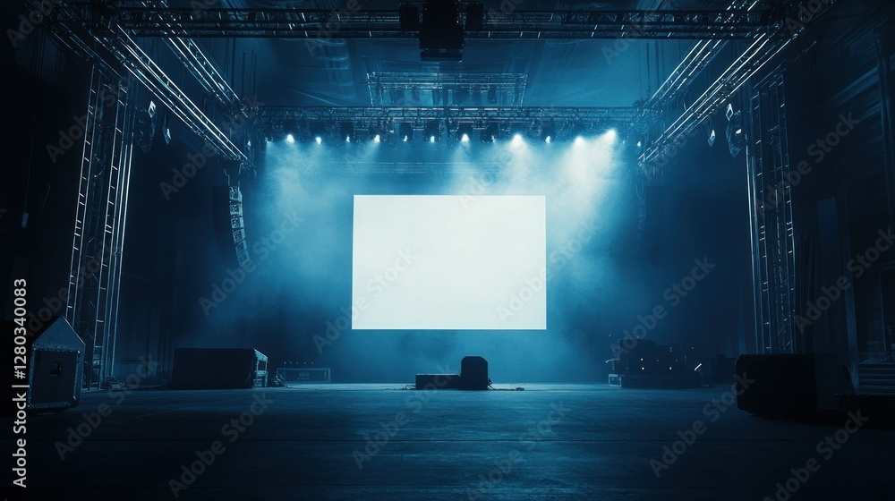 Poster empty stage with a large screen illuminated by blue lights, ready for a performance or event
