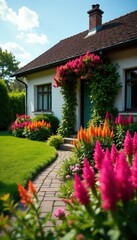 Celosia creates a colorful border around a dwelling, garden, botany, landscape