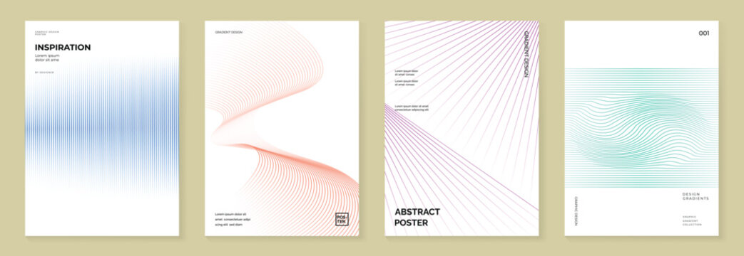 Abstract line wave poster background vector set. Minimalist cover template with vibrant perspective line wave in motion. Ideal design for social media, cover, banner, flyer, music, ads.