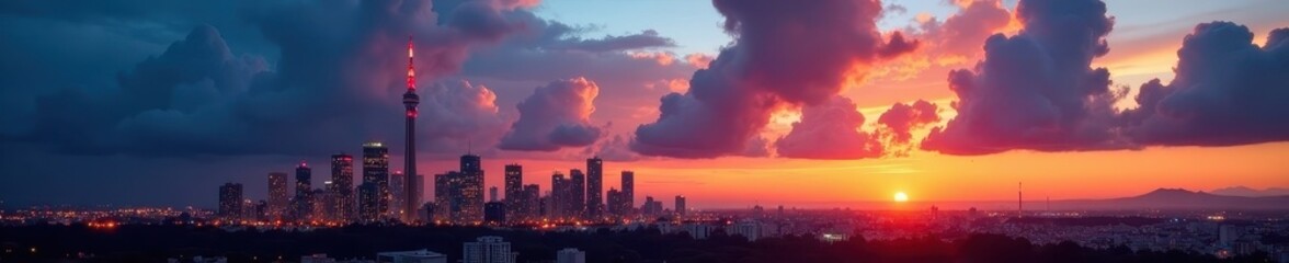 Obraz premium Dramatic clouds over illuminated towers at sunset, panorama, golden hour, building