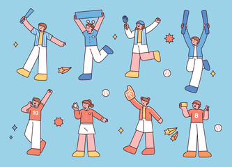 A collection of baseball fans cheering in a cute, minimal hand-drawn style. Includes enthusiastic supporters holding banners, clappers, foam fingers, and taking selfies. 