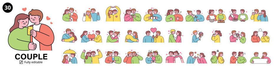 A collection of 30 couple illustrations in a cute, hand-drawn style. Romantic and friendly interactions, including hugging, taking selfies, giving gifts, and cooking together. 