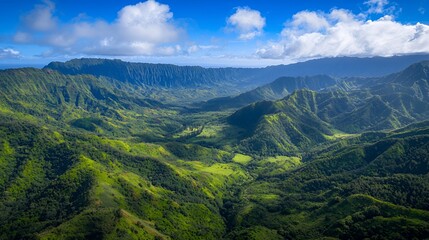 Aerial View of Lush Green Mountain Valley under Blue Sky
