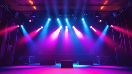 Colorful stage lights illuminating an empty concert venue with a vibrant atmosphere