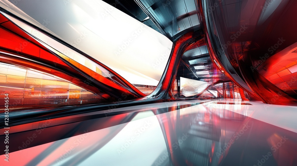 Poster futuristic interior design with flowing red and white structures and dynamic lighting effects