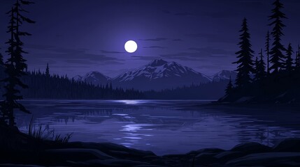 Pixelated midnight scene with glowing moon reflected on tranquil lake surrounded by evergreen forest and majestic mountains distant