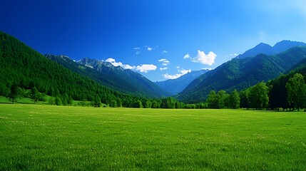 Obraz premium Bright Sunny Day in Mountain Valley with Lush Green Meadow