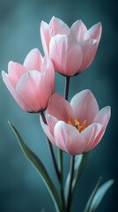 Fototapeta premium Pink tulips blooming on teal background in spring