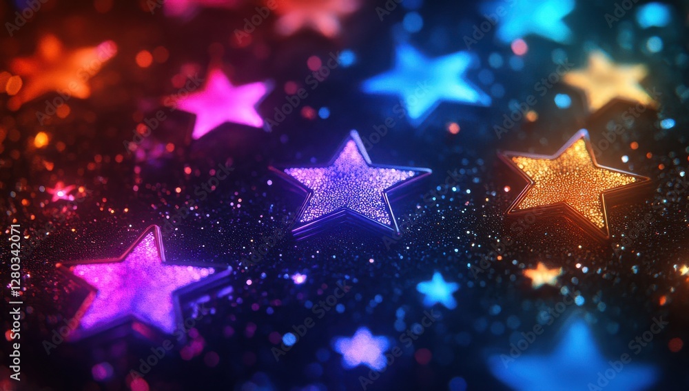 Poster colorful glittering stars on a dark background with sparkling particles creating a dreamy and enchan
