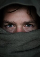 Close-up of a man's face, peeking out from under a hooded cloak. the man's eyes are blue and his eyebrows are slightly furrowed. he is looking directly at the camera with a serious expression.