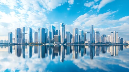 Fototapeta premium Cityscape Reflection: Modern Metropolis Skyline Mirrored in Calm Waters