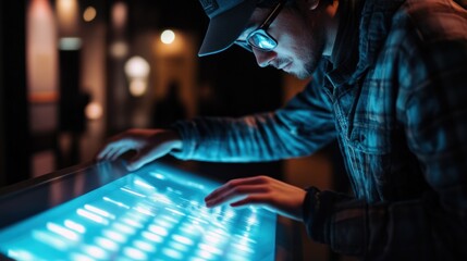 A young man exploring an interactive digital display in a dark museum setting. The blue glow highlights his concentration as he engages with futuristic technology and information