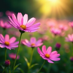 Fototapeta premium Cosmos flowers in a lush garden, soft sunlight filtering through , texture, spring