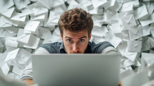 Worried user staring at an overflowing email inbox on a laptop. Featuring overwhelm and stress - Powered by Adobe