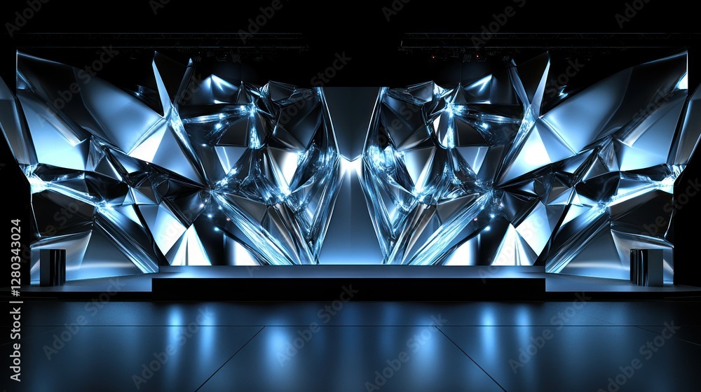 Poster futuristic stage design with angular crystal-like structures illuminated in blue light