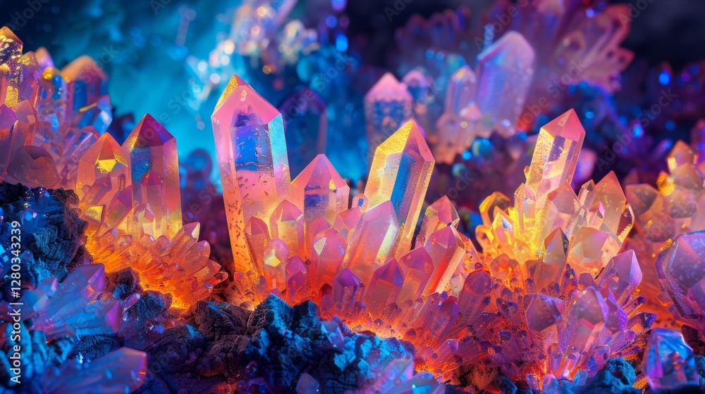 Poster a variety of bright and colorful crystal formations glow under vibrant light, showcasing intricate s