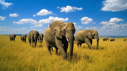 Obraz premium Elephant Herd's Grand March: A majestic herd of elephants traverses the golden savannah under a vibrant blue sky dotted with fluffy clouds.