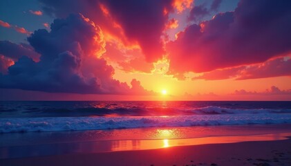 Fiery sunset paints vast ocean sky, beach at foreground, water, sky, nature