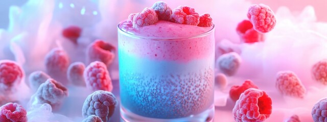 Vibrant glowing smoothie with cosmic berries in a surreal pastel setting. Generative AI