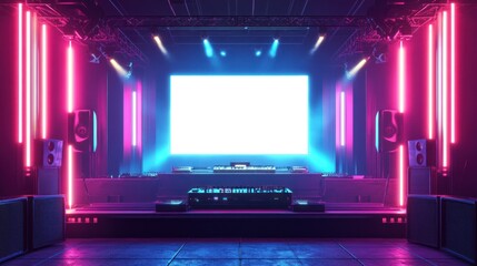 Vibrant nightclub stage with colorful lights, DJ equipment, and large blank screen for visuals