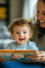 A toddler flips through a board book, babbling excitedly at the pictures. His mother sits beside him, smiling at his enthus