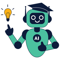 Artificial intelligence in school education concept. Cute AI robot in a graduation cap pointing at a light bulb. Modern flat vector illustration isolated on white background.