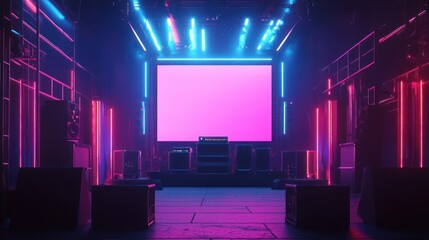 Vibrant concert stage with neon lights and large screen, creating an energetic atmosphere