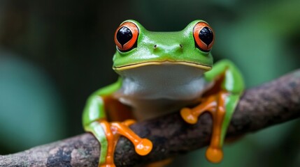 Fototapeta premium Closeup of a Vibrant Green Frog with Red Eyes Perched on a Branch