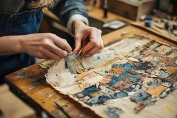 A textile conservator carefully restoring an aged, intricate fabric artwork. The delicate process preserves historical craftsmanship and cultural heritage through skilled handwork