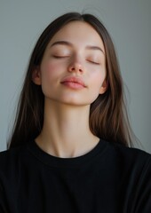 Close-up portrait of a young woman with her eyes closed. she has long, straight hair that is styled in loose waves and falls over her shoulders.