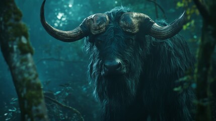 Naklejka premium Dark Forest Buffalo: A Mystical Creature in a Tropical Setting