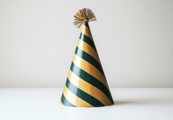 Colorful party hat with green and gold stripes on a light background suitable for celebration events, birthdays, and festive occasions