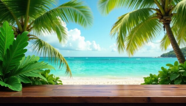 Polished dark wood bar top, lush palm leaves, tropical beach backdrop, style, counter