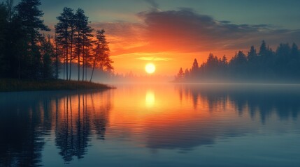 Obraz premium Serene Sunrise over Misty Lake