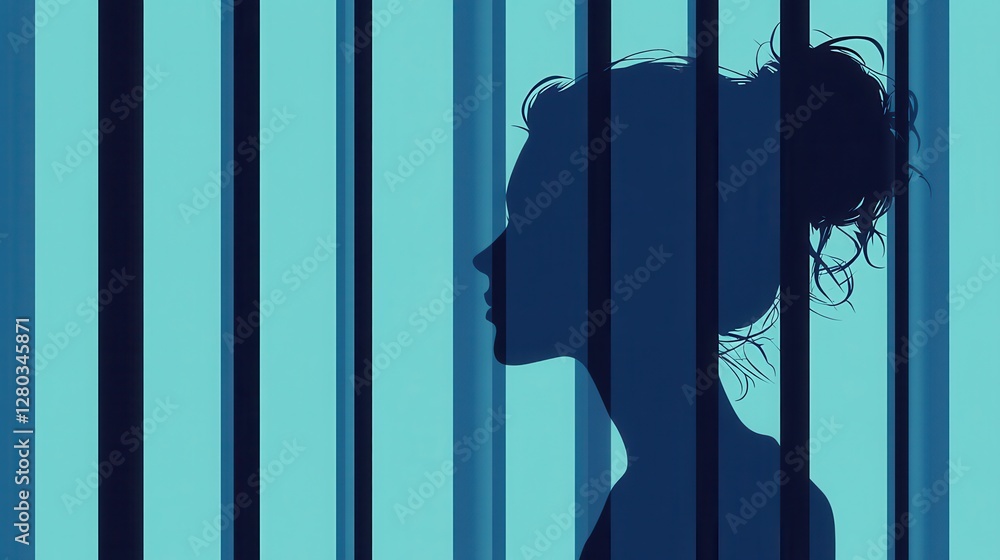 Poster silhouette of a woman behind bars expressing emotion and constraint in a minimalist art style