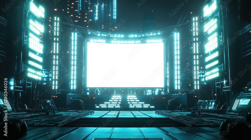 Poster futuristic stage design with bright lights and large screen in a high-tech urban setting