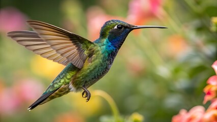 Fototapeta premium Colorful Hummingbird in Flight Near Vibrant Flowers