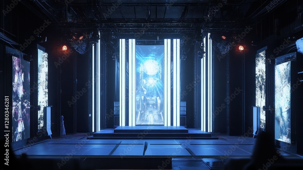 Poster futuristic stage design with illuminated panels and abstract visuals in a performance space