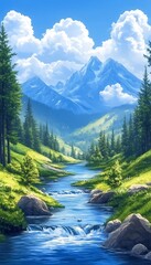 Obraz premium Mountain River Valley Scenic Landscape